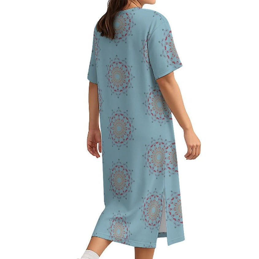 Panther Hearts Cotton Midi Dress- Sky