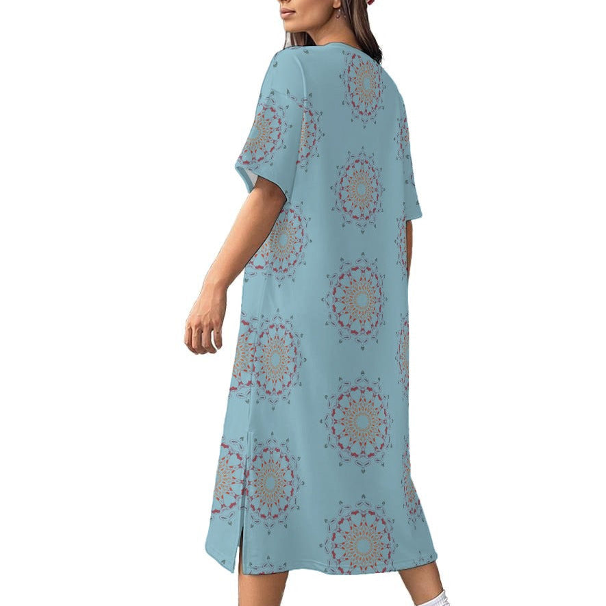 Panther Hearts Cotton Midi Dress- Sky
