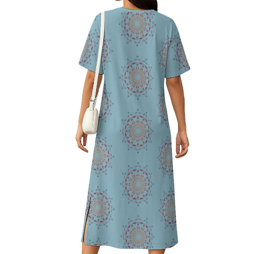 Panther Hearts Cotton Midi Dress- Sky